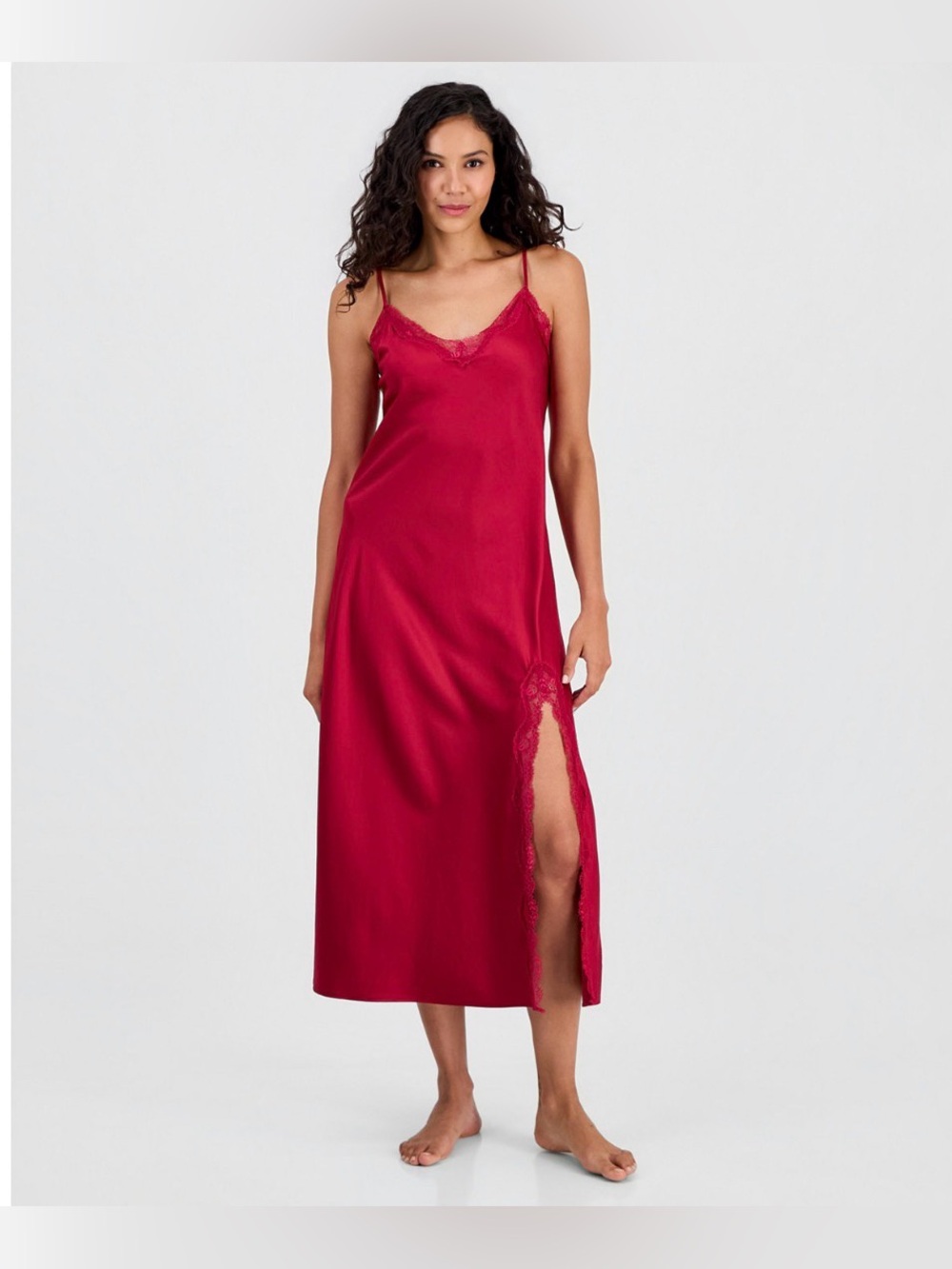 I.N.C. Intimates Silky Slip Dress/Nightgown Red with Pink Lace Women's Medium